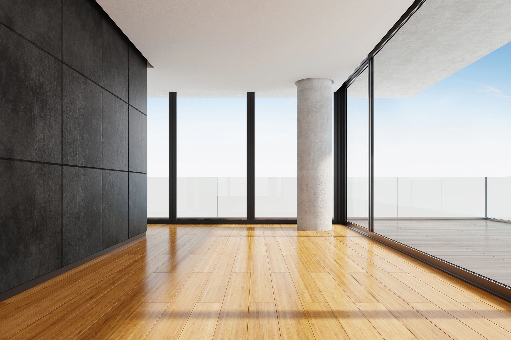 Modern apartment with tile and bamboo flooring