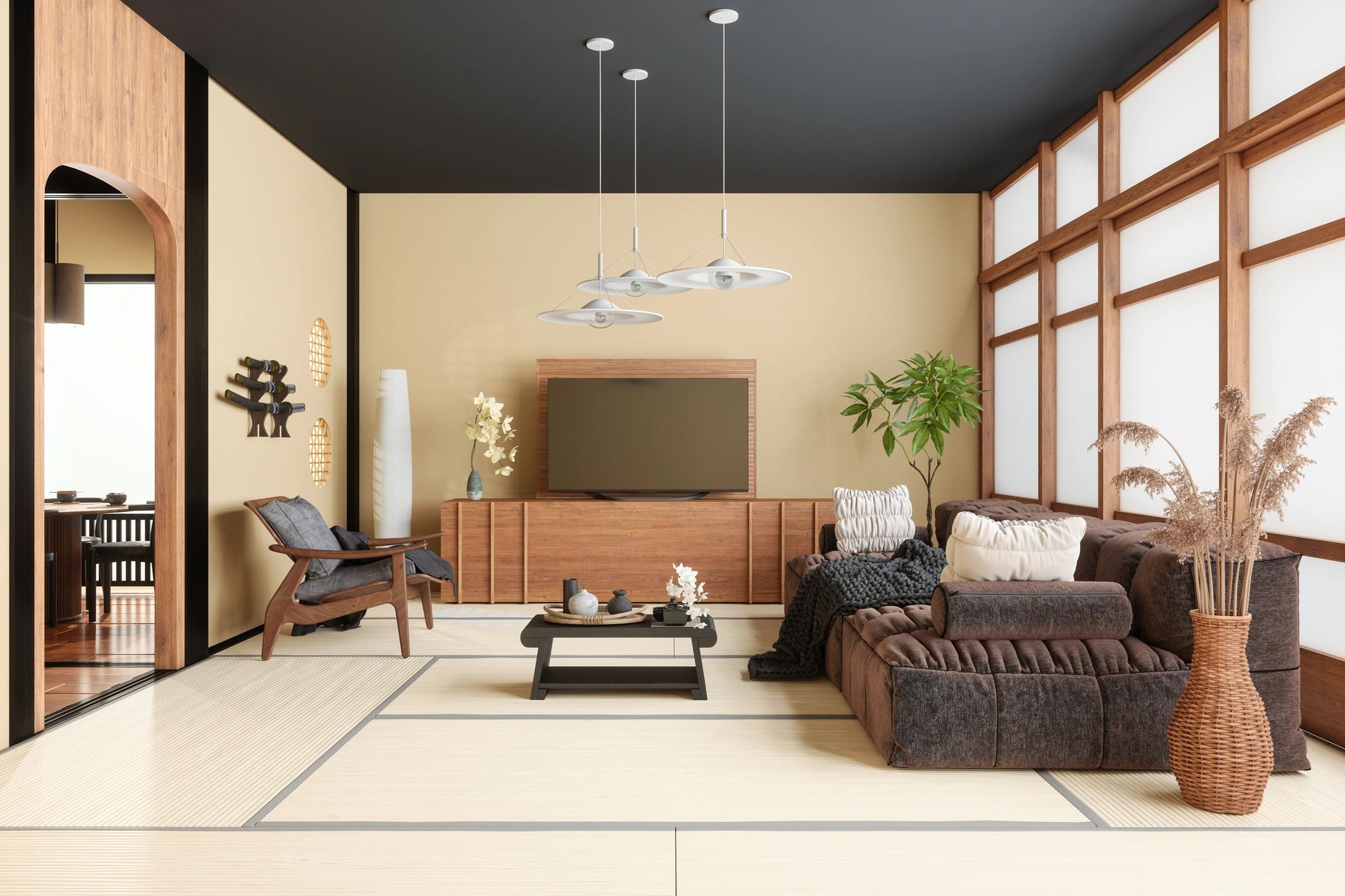 Japanese style living room with wood flooring